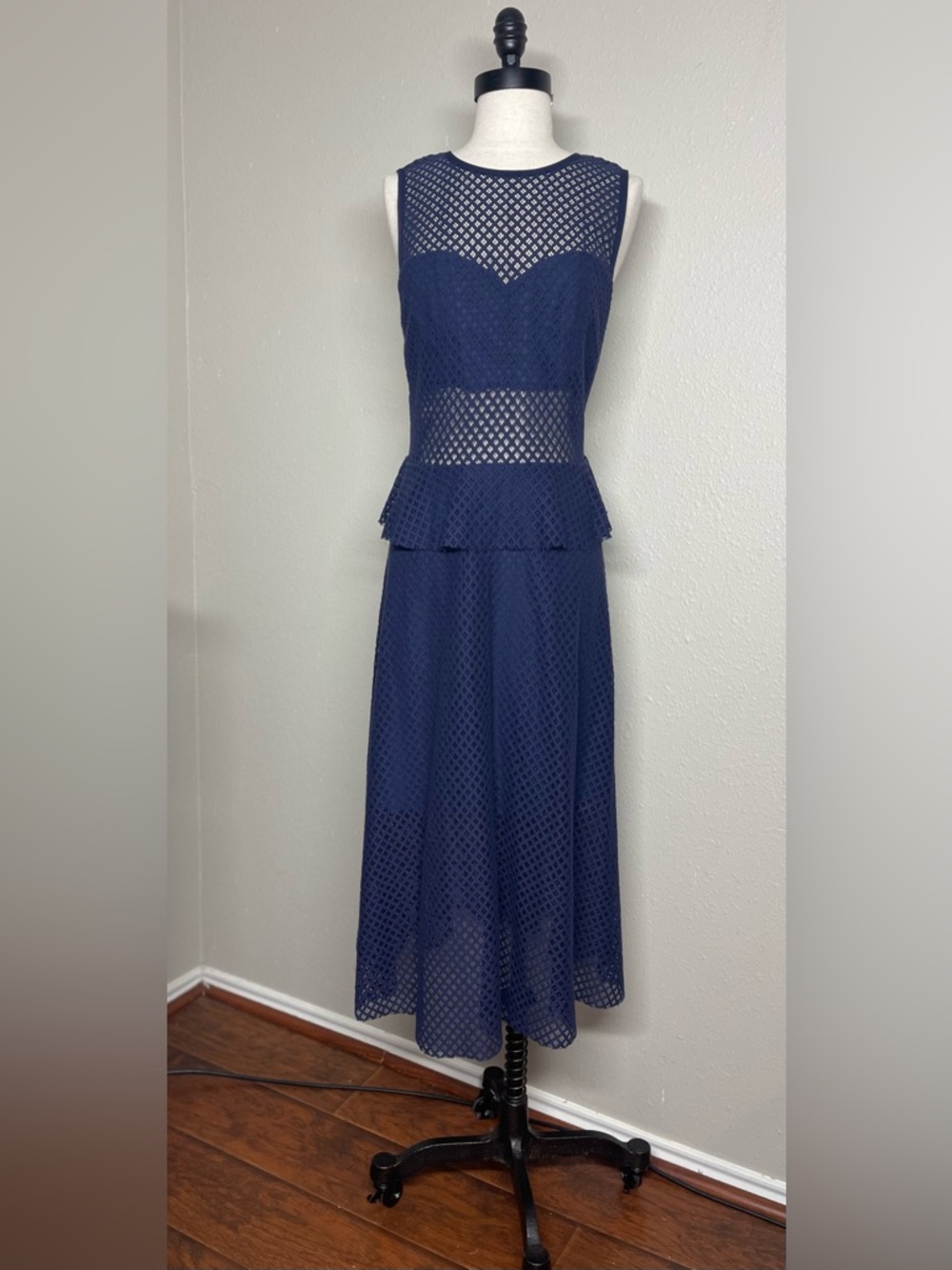 NWT Chelsea & Violet Navy Peplum Midi Dress with Keyhole Back